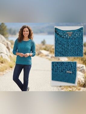 Turquoise Blue Crochet Long Sleeve Cotton Pullover Sweater